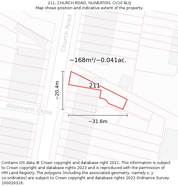 211, CHURCH ROAD, NUNEATON, CV10 8LQ: Plot and title map