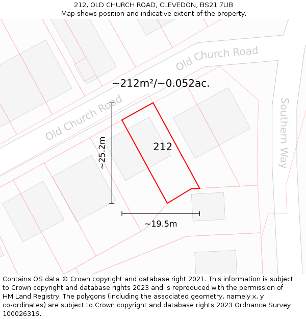 212, OLD CHURCH ROAD, CLEVEDON, BS21 7UB: Plot and title map