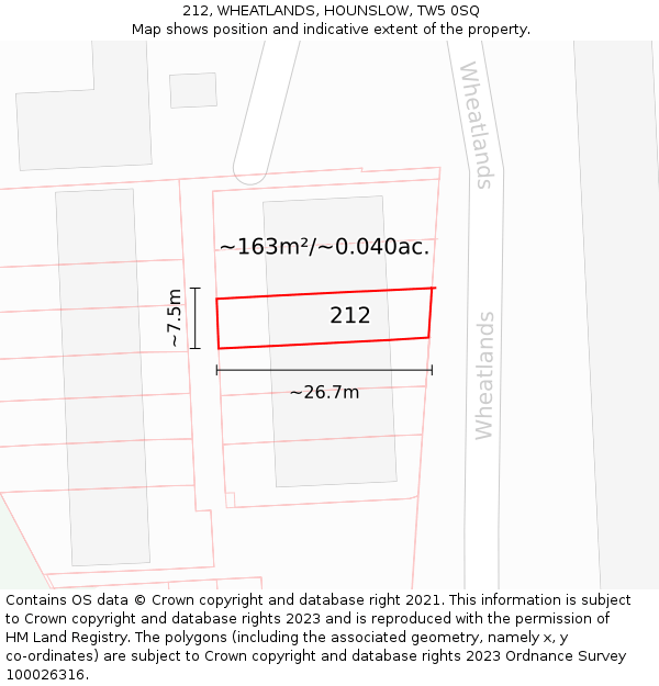 212, WHEATLANDS, HOUNSLOW, TW5 0SQ: Plot and title map
