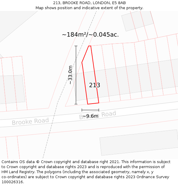 213, BROOKE ROAD, LONDON, E5 8AB: Plot and title map