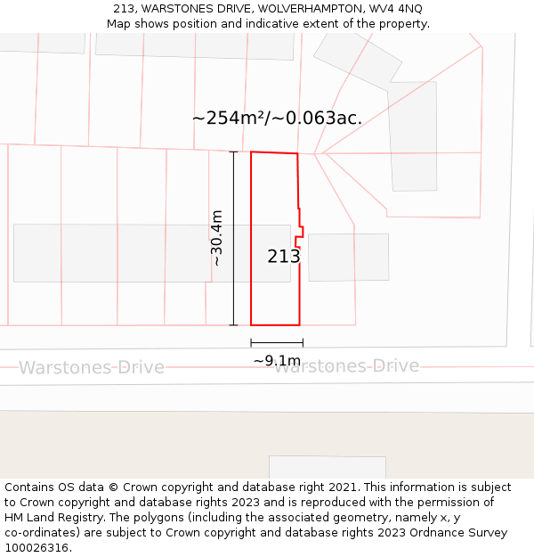 213, WARSTONES DRIVE, WOLVERHAMPTON, WV4 4NQ: Plot and title map