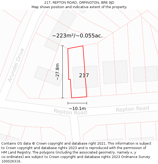 217, REPTON ROAD, ORPINGTON, BR6 9JD: Plot and title map