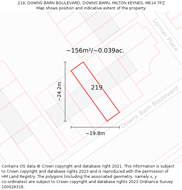 219, DOWNS BARN BOULEVARD, DOWNS BARN, MILTON KEYNES, MK14 7PZ: Plot and title map