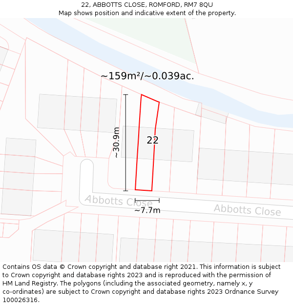 22, ABBOTTS CLOSE, ROMFORD, RM7 8QU: Plot and title map