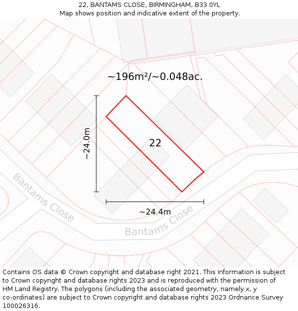 22, BANTAMS CLOSE, BIRMINGHAM, B33 0YL: Plot and title map