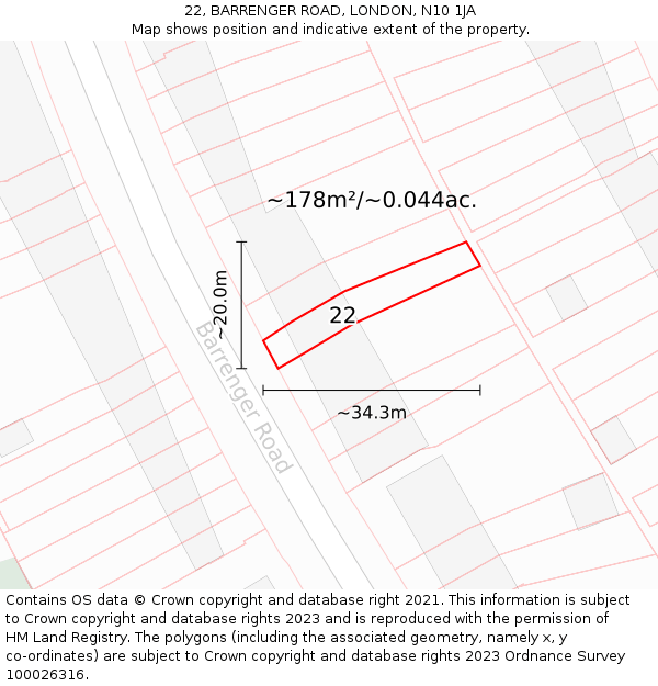 22, BARRENGER ROAD, LONDON, N10 1JA: Plot and title map
