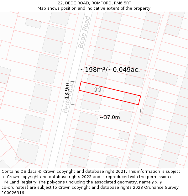 22, BEDE ROAD, ROMFORD, RM6 5RT: Plot and title map