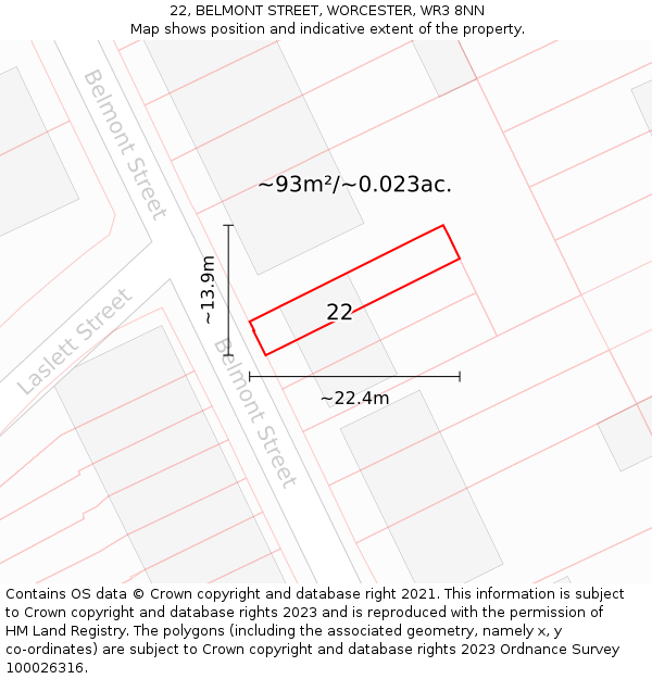 22, BELMONT STREET, WORCESTER, WR3 8NN: Plot and title map