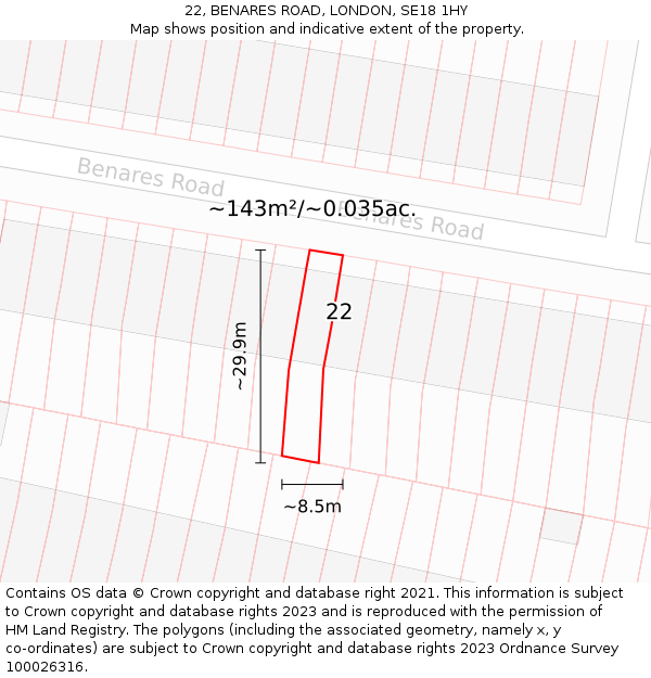 22, BENARES ROAD, LONDON, SE18 1HY: Plot and title map