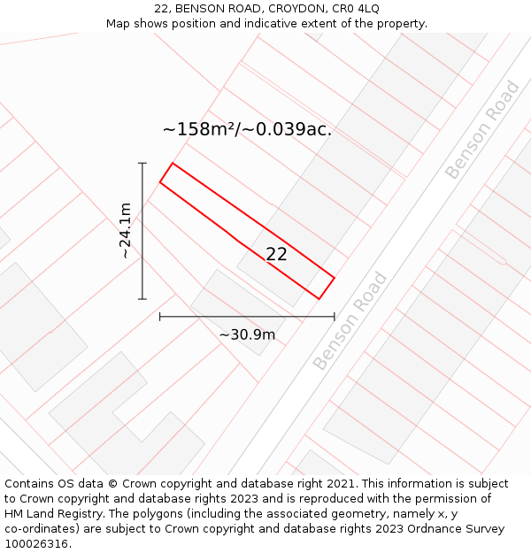 22, BENSON ROAD, CROYDON, CR0 4LQ: Plot and title map
