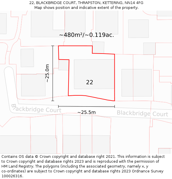 22, BLACKBRIDGE COURT, THRAPSTON, KETTERING, NN14 4FG: Plot and title map