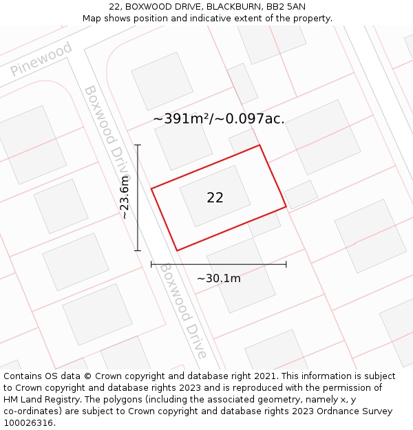 22, BOXWOOD DRIVE, BLACKBURN, BB2 5AN: Plot and title map