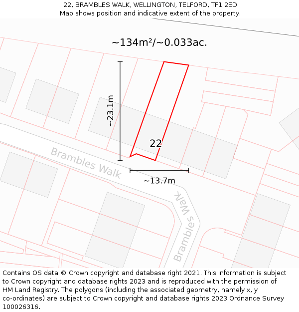 22, BRAMBLES WALK, WELLINGTON, TELFORD, TF1 2ED: Plot and title map