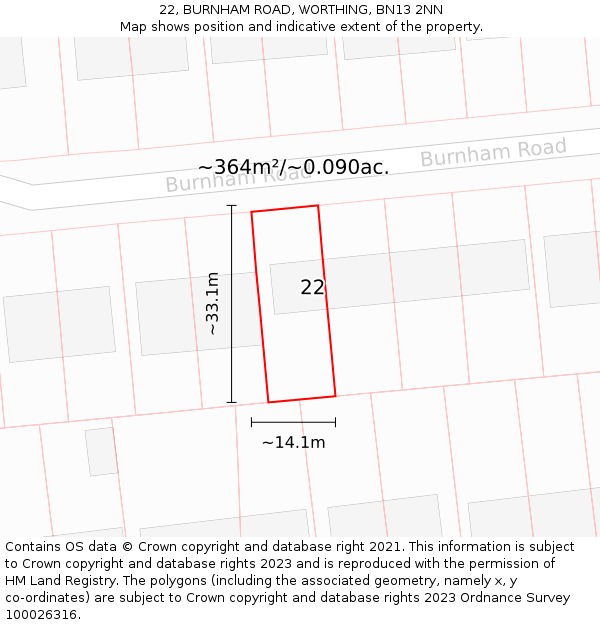 22, BURNHAM ROAD, WORTHING, BN13 2NN: Plot and title map