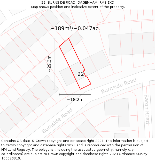 22, BURNSIDE ROAD, DAGENHAM, RM8 1XD: Plot and title map