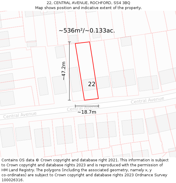 22, CENTRAL AVENUE, ROCHFORD, SS4 3BQ: Plot and title map