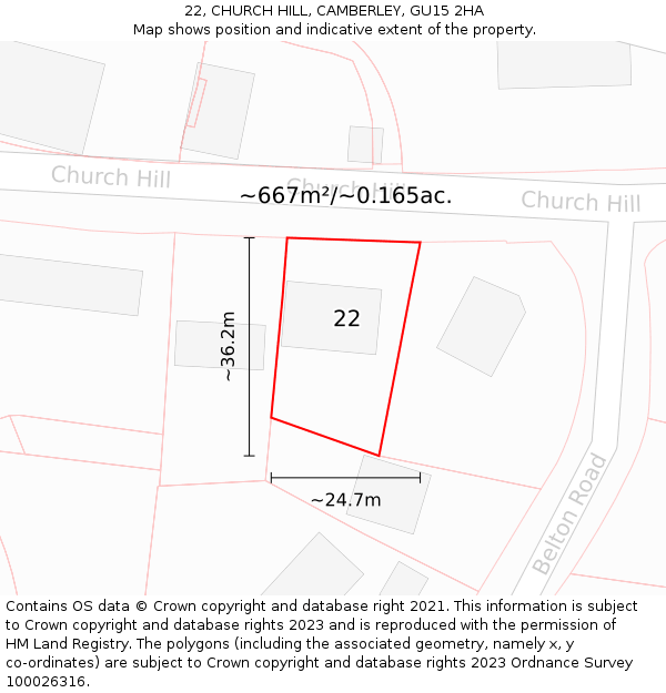 22, CHURCH HILL, CAMBERLEY, GU15 2HA: Plot and title map