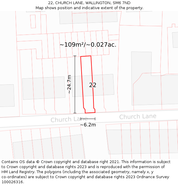 22, CHURCH LANE, WALLINGTON, SM6 7ND: Plot and title map