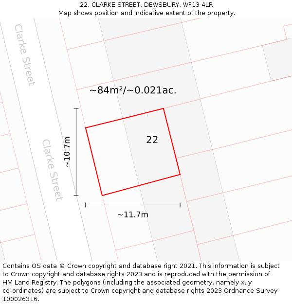 22, CLARKE STREET, DEWSBURY, WF13 4LR: Plot and title map