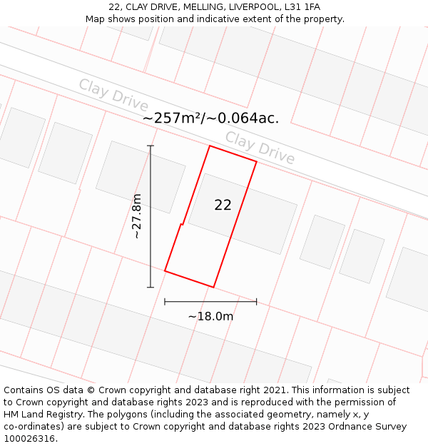 22, CLAY DRIVE, MELLING, LIVERPOOL, L31 1FA: Plot and title map