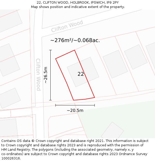 22, CLIFTON WOOD, HOLBROOK, IPSWICH, IP9 2PY: Plot and title map