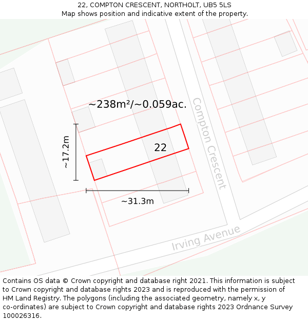 22, COMPTON CRESCENT, NORTHOLT, UB5 5LS: Plot and title map