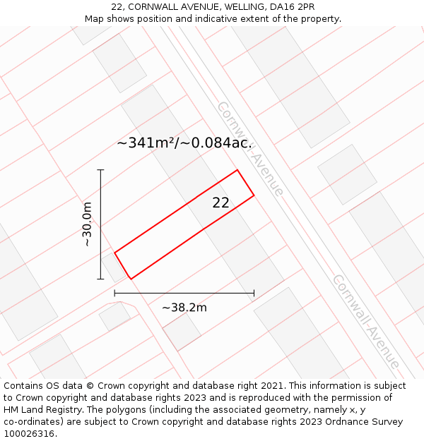 22, CORNWALL AVENUE, WELLING, DA16 2PR: Plot and title map