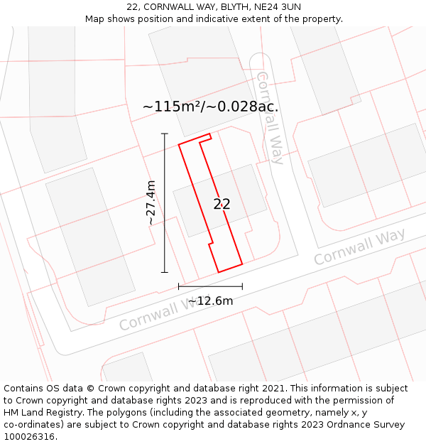 22, CORNWALL WAY, BLYTH, NE24 3UN: Plot and title map
