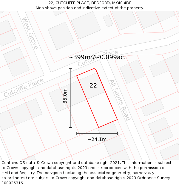 22, CUTCLIFFE PLACE, BEDFORD, MK40 4DF: Plot and title map