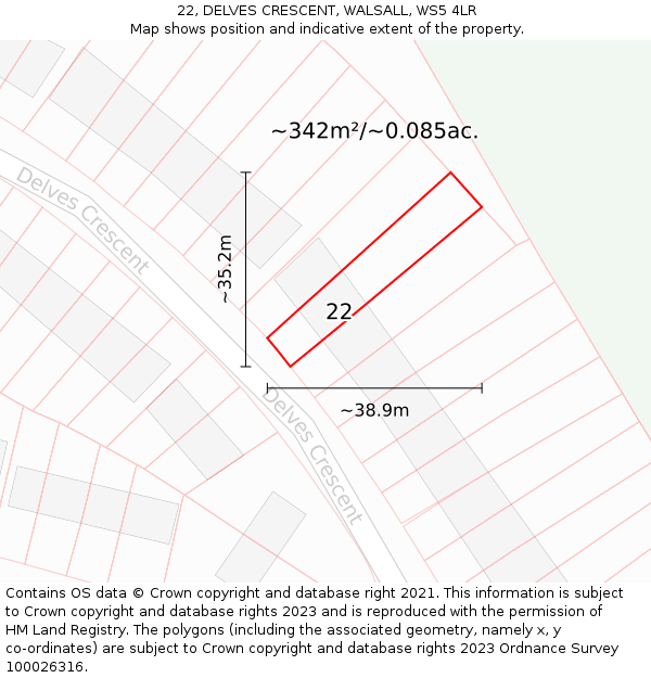 22, DELVES CRESCENT, WALSALL, WS5 4LR: Plot and title map