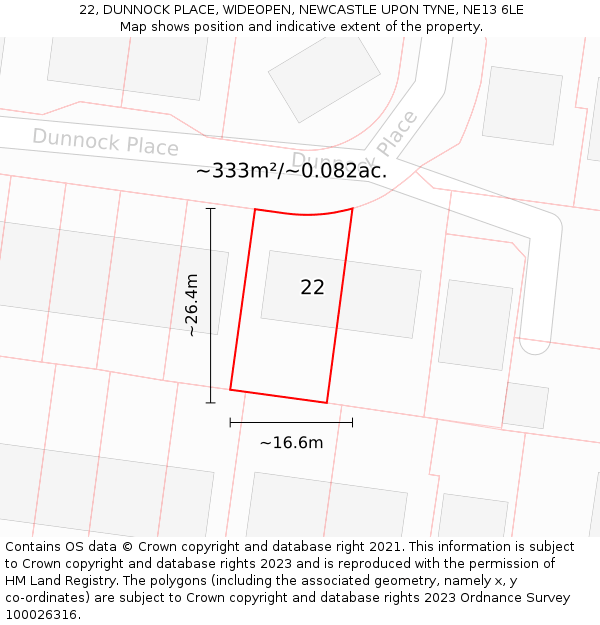 22, DUNNOCK PLACE, WIDEOPEN, NEWCASTLE UPON TYNE, NE13 6LE: Plot and title map