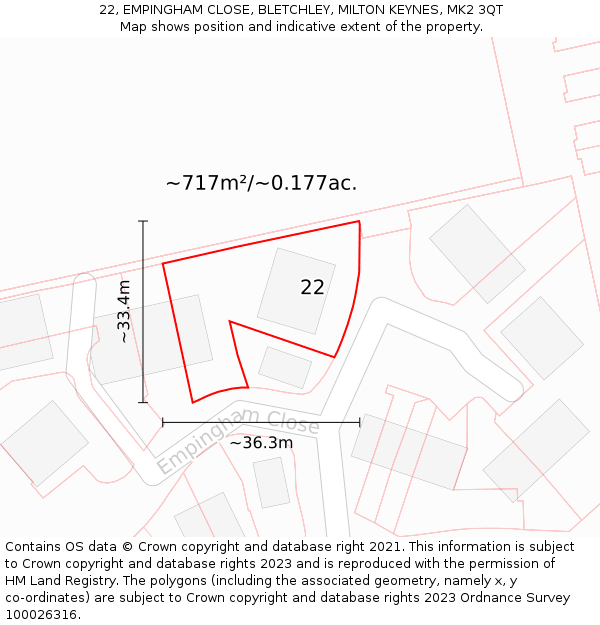 22, EMPINGHAM CLOSE, BLETCHLEY, MILTON KEYNES, MK2 3QT: Plot and title map