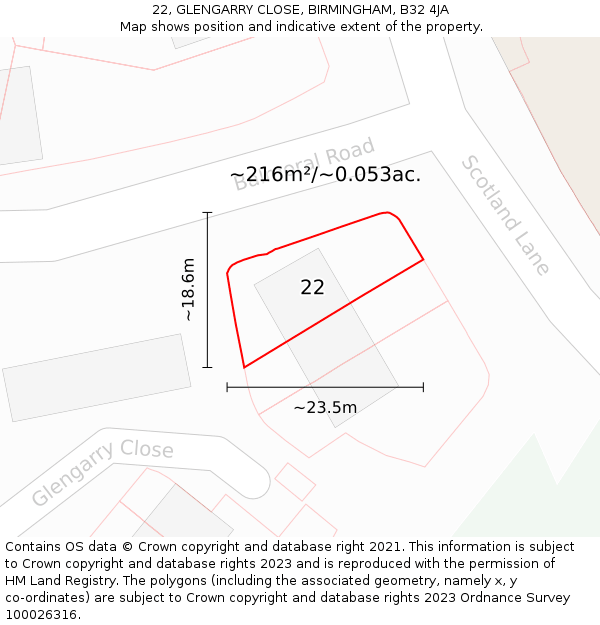 22, GLENGARRY CLOSE, BIRMINGHAM, B32 4JA: Plot and title map