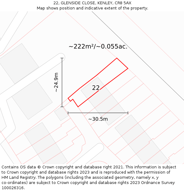 22, GLENSIDE CLOSE, KENLEY, CR8 5AX: Plot and title map