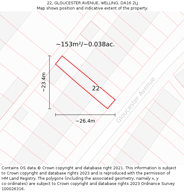 22, GLOUCESTER AVENUE, WELLING, DA16 2LJ: Plot and title map