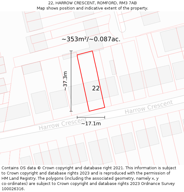 22, HARROW CRESCENT, ROMFORD, RM3 7AB: Plot and title map