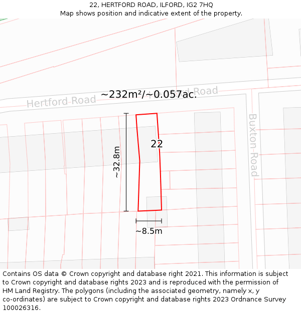 22, HERTFORD ROAD, ILFORD, IG2 7HQ: Plot and title map
