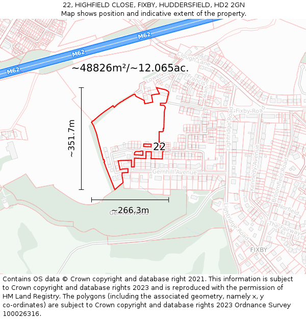 22, HIGHFIELD CLOSE, FIXBY, HUDDERSFIELD, HD2 2GN: Plot and title map