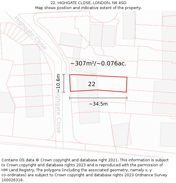 22, HIGHGATE CLOSE, LONDON, N6 4SD: Plot and title map
