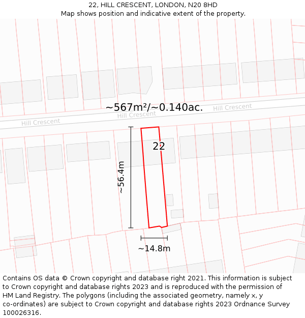 22, HILL CRESCENT, LONDON, N20 8HD: Plot and title map