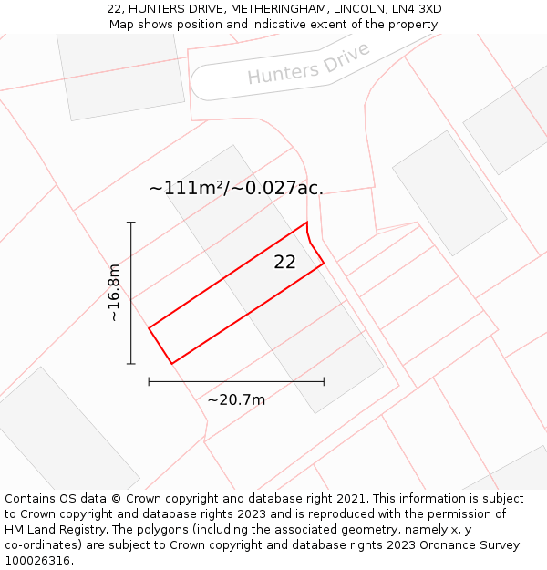 22, HUNTERS DRIVE, METHERINGHAM, LINCOLN, LN4 3XD: Plot and title map