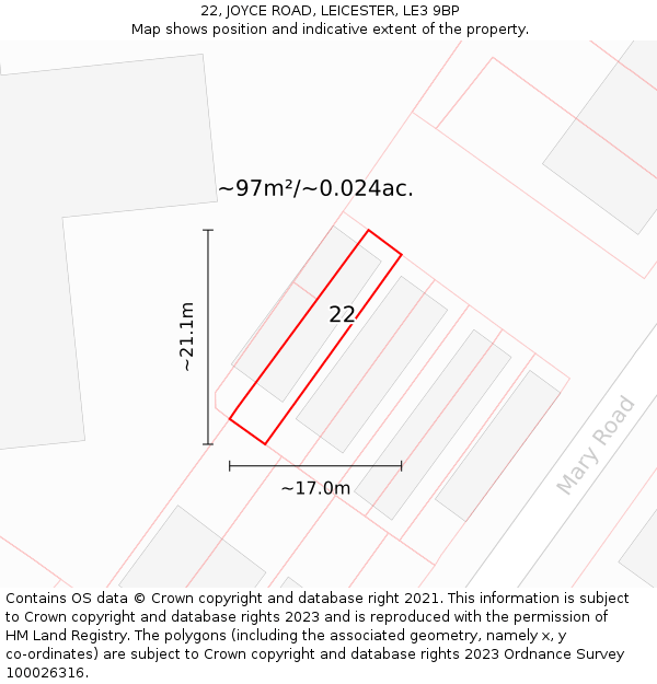 22, JOYCE ROAD, LEICESTER, LE3 9BP: Plot and title map