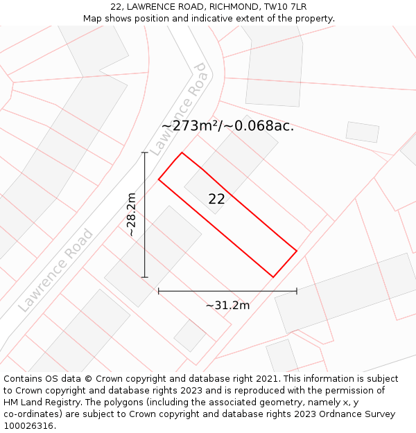 22, LAWRENCE ROAD, RICHMOND, TW10 7LR: Plot and title map
