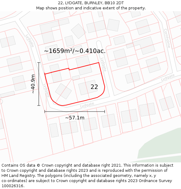 22, LYDGATE, BURNLEY, BB10 2DT: Plot and title map