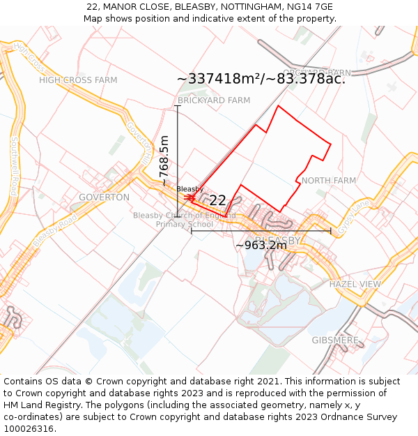 22, MANOR CLOSE, BLEASBY, NOTTINGHAM, NG14 7GE: Plot and title map