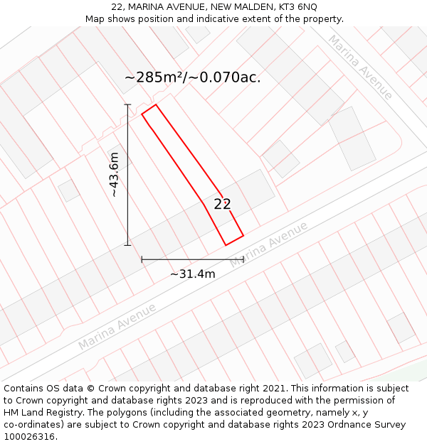 22, MARINA AVENUE, NEW MALDEN, KT3 6NQ: Plot and title map