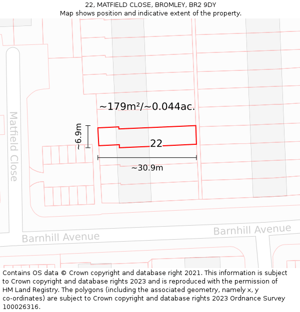 22, MATFIELD CLOSE, BROMLEY, BR2 9DY: Plot and title map
