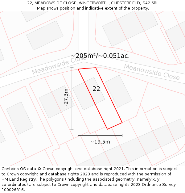 22, MEADOWSIDE CLOSE, WINGERWORTH, CHESTERFIELD, S42 6RL: Plot and title map