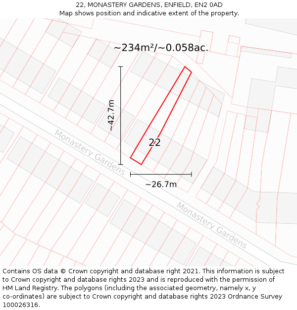 22, MONASTERY GARDENS, ENFIELD, EN2 0AD: Plot and title map
