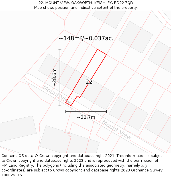 22, MOUNT VIEW, OAKWORTH, KEIGHLEY, BD22 7QD: Plot and title map
